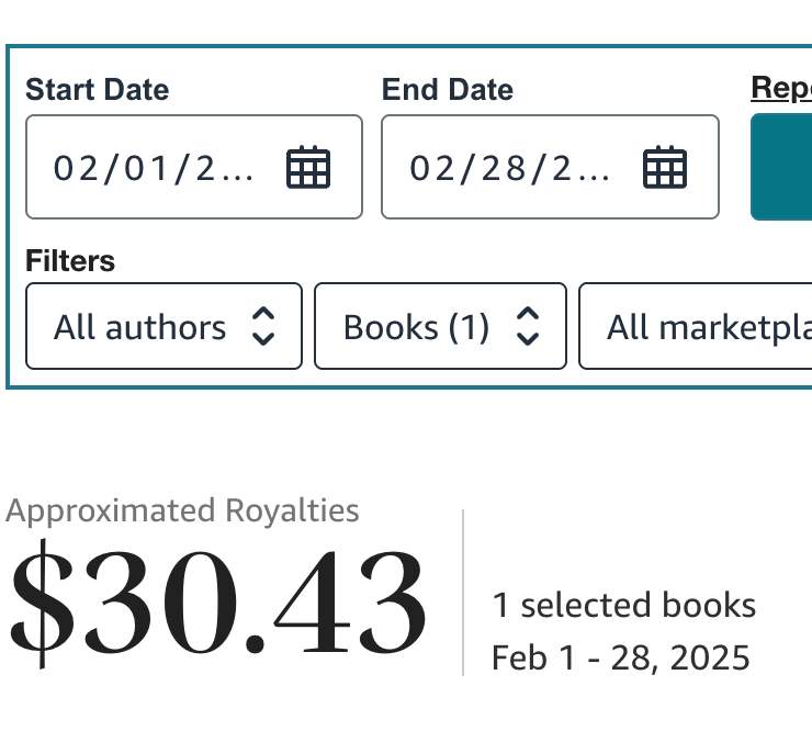 KDP dashboard showing $30.43 in royalties, Month 1 · Feb 2025