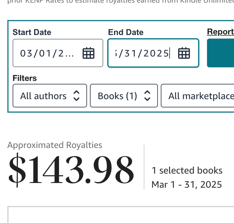 KDP dashboard showing $143.98 in royalties, Month 2 · Mar 2025